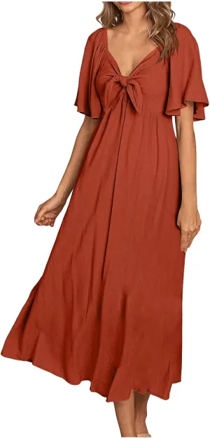 Summer Dresses for Women Solid V-Neck Short Sleeve Pleated Bow Midi Dress Casual Beach Travel Sundress