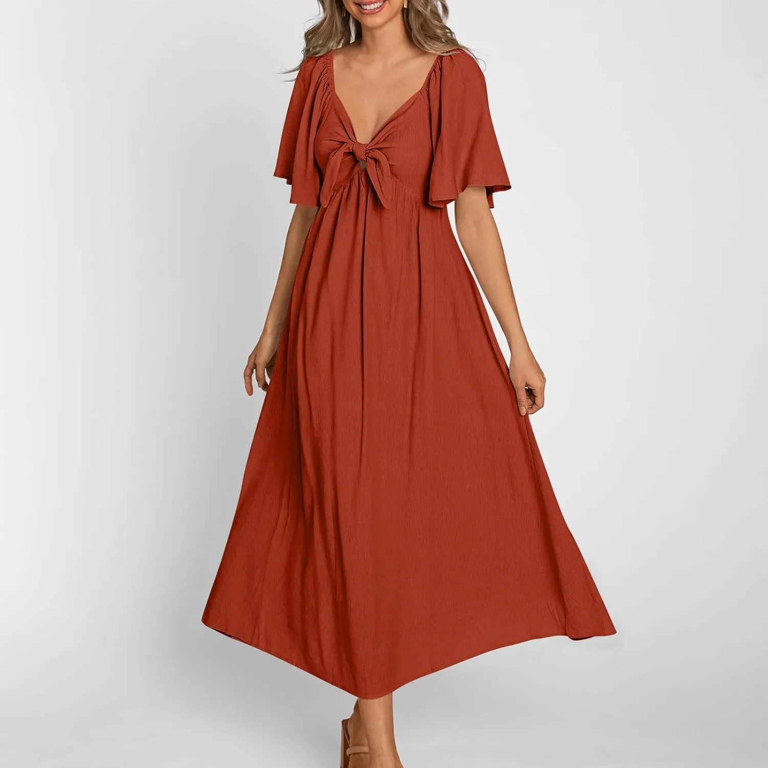 Summer Dresses for Women Solid V-Neck Short Sleeve Pleated Bow Midi Dress Casual Beach Travel Sundress