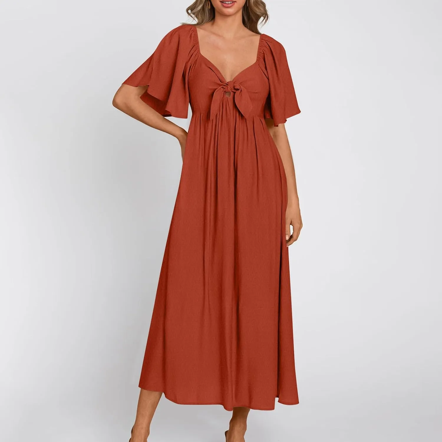 Summer Dresses for Women Solid V-Neck Short Sleeve Pleated Bow Midi Dress Casual Beach Travel Sundress
