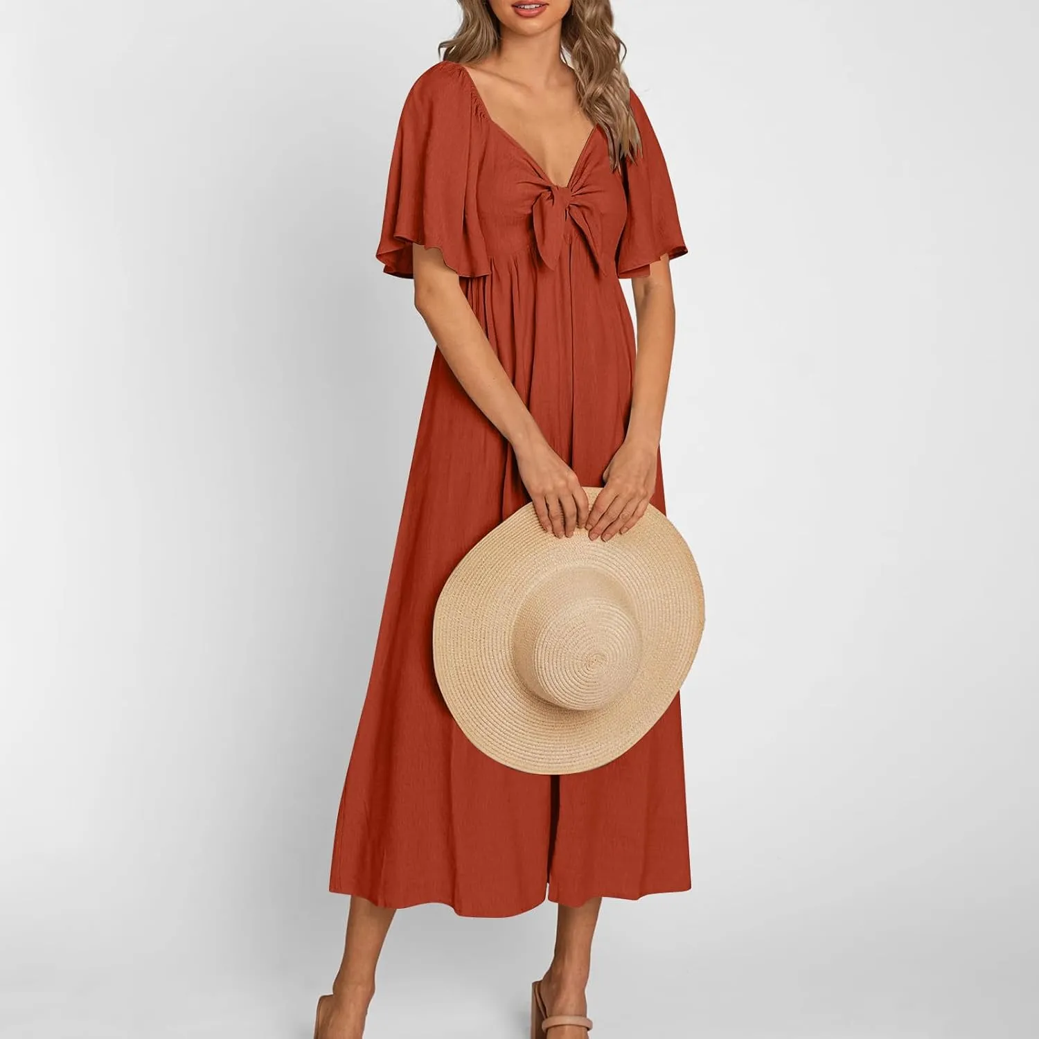 Summer Dresses for Women Solid V-Neck Short Sleeve Pleated Bow Midi Dress Casual Beach Travel Sundress