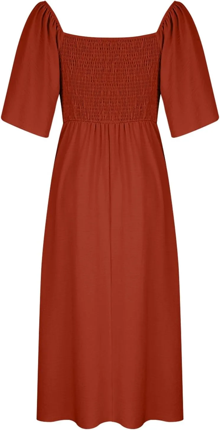 Summer Dresses for Women Solid V-Neck Short Sleeve Pleated Bow Midi Dress Casual Beach Travel Sundress
