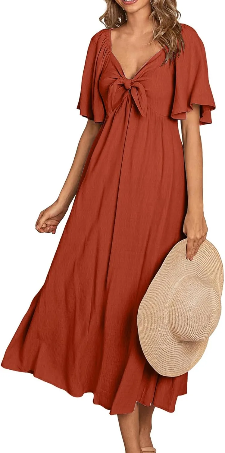 Summer Dresses for Women Solid V-Neck Short Sleeve Pleated Bow Midi Dress Casual Beach Travel Sundress