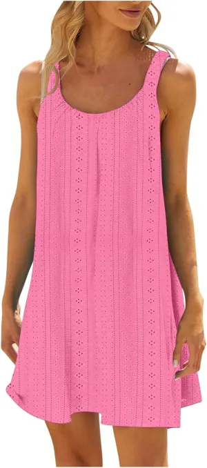 Sundresses for Women 2025 Solid Round Neck Sleeveless Starp Mini Dresses Loose Summer Travel Casual Dress