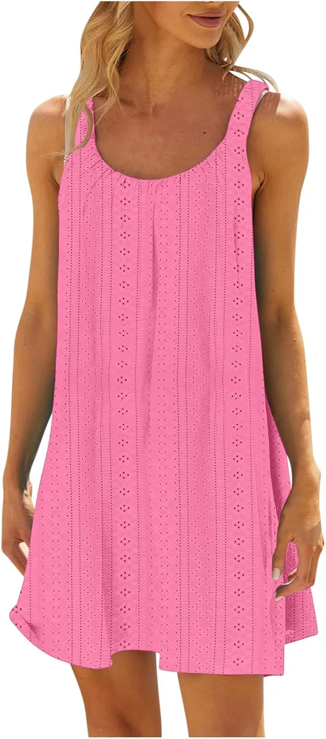 Sundresses for Women 2025 Solid Round Neck Sleeveless Starp Mini Dresses Loose Summer Travel Casual Dress