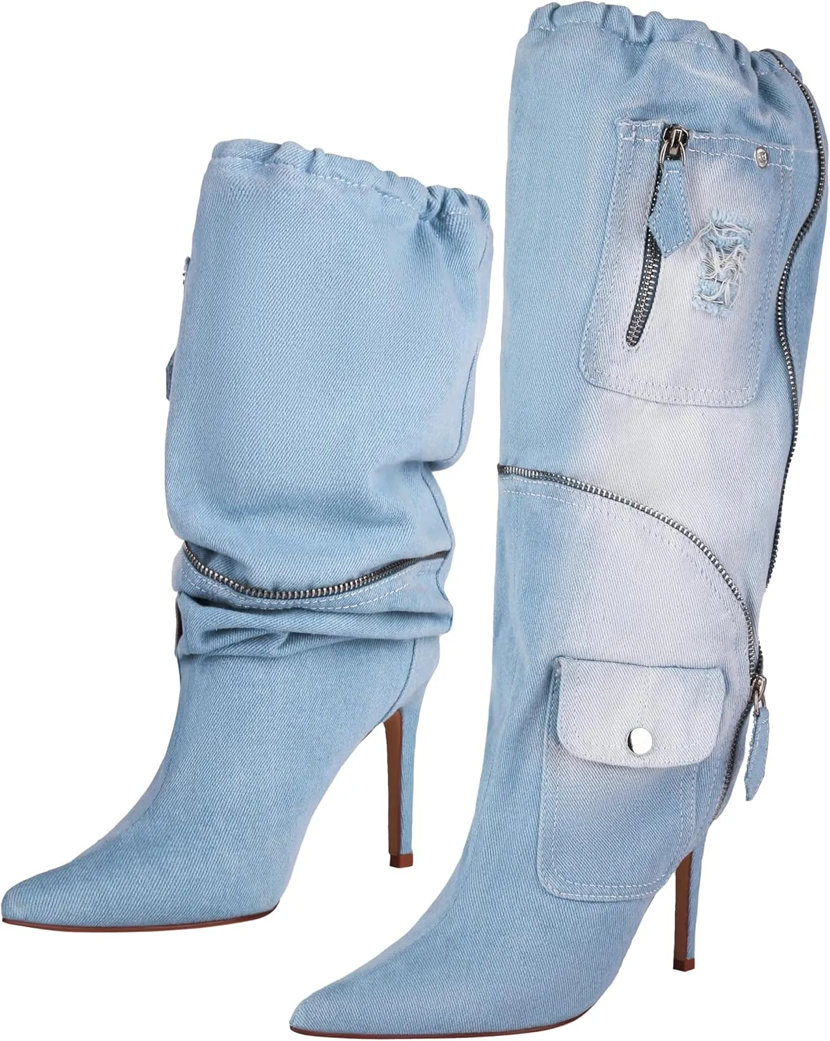 TAEPUSR Women's Stiletto Knee High Denim Pull On Cowgirl Mid Calf Boots Pointed Toe Western Cowboy Boots with Pockets and Zipper Decorate