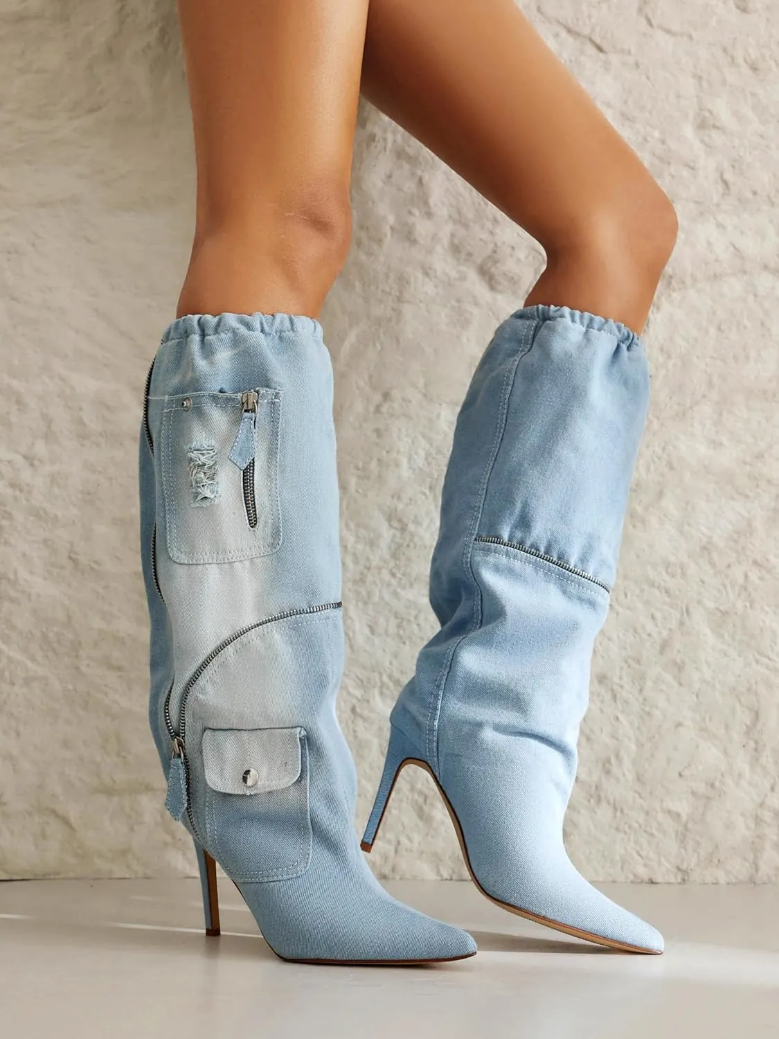 TAEPUSR Women's Stiletto Knee High Denim Pull On Cowgirl Mid Calf Boots Pointed Toe Western Cowboy Boots with Pockets and Zipper Decorate