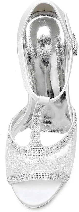 TarfiC Women Wedding Buckle High Heels Open Toe Lace Rhinestones Dress Ivory Bridal Shoes Mid Heels Kitten Heels/4.33 inches Heel