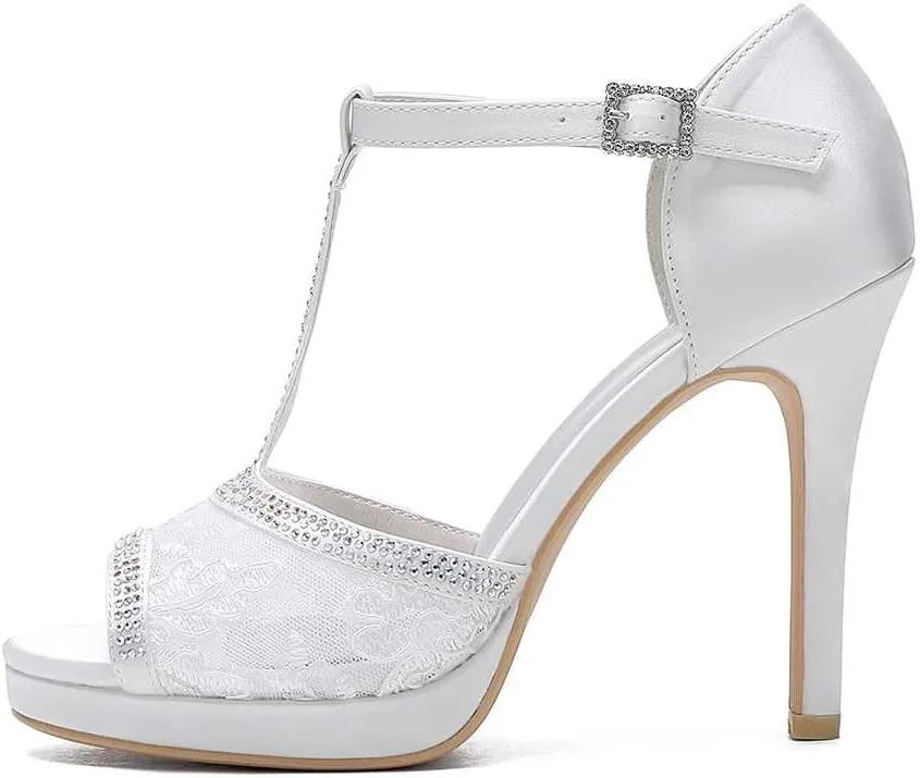 TarfiC Women Wedding Buckle High Heels Open Toe Lace Rhinestones Dress Ivory Bridal Shoes Mid Heels Kitten Heels/4.33 inches Heel