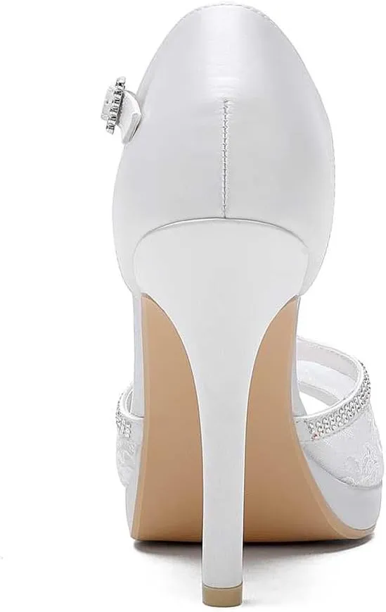 TarfiC Women Wedding Buckle High Heels Open Toe Lace Rhinestones Dress Ivory Bridal Shoes Mid Heels Kitten Heels/4.33 inches Heel