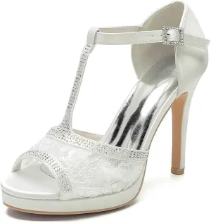 TarfiC Women Wedding Buckle High Heels Open Toe Lace Rhinestones Dress Ivory Bridal Shoes Mid Heels Kitten Heels/4.33 inches Heel