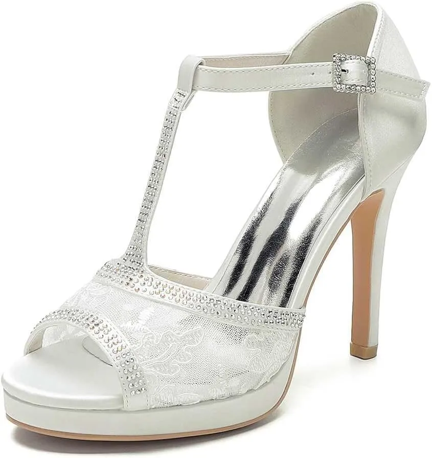 TarfiC Women Wedding Buckle High Heels Open Toe Lace Rhinestones Dress Ivory Bridal Shoes Mid Heels Kitten Heels/4.33 inches Heel