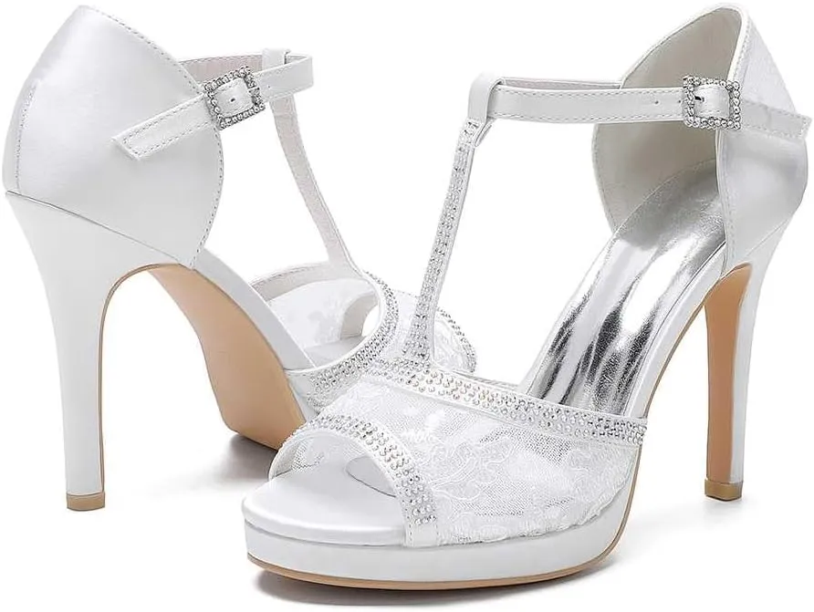TarfiC Women Wedding Buckle High Heels Open Toe Lace Rhinestones Dress Ivory Bridal Shoes Mid Heels Kitten Heels/4.33 inches Heel