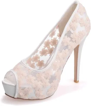 TarfiC Women's Lace Bridal High Heel Peep Toe Sandals, Satin Lace Open Toe Cover Dress Pump, Lace High Heel, Fish Mouth Shoes, Hollow Stitching High Heels