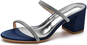 TarfiC Women's Satin Kitten Heels Sandals Slip On Rhinestones Open Toe Backless Dress Sexy Low Heeled Slipper Slides
