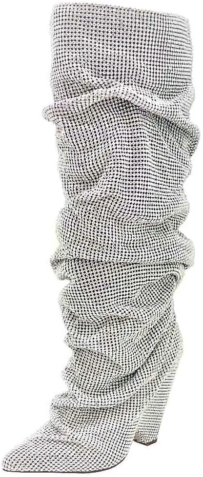 THESHY Women's Closed Pointed Toe Fashion Rhinestones Boots Over Knee High Boots