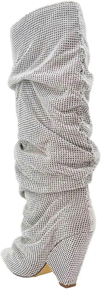 THESHY Women's Closed Pointed Toe Fashion Rhinestones Boots Over Knee High Boots
