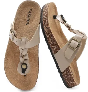 Thong Sandals for Women & Men，Non-slip Flip Flops with Cork Footbed Adjustable Buckle Summer Women Footwear Beach Essentials Slides