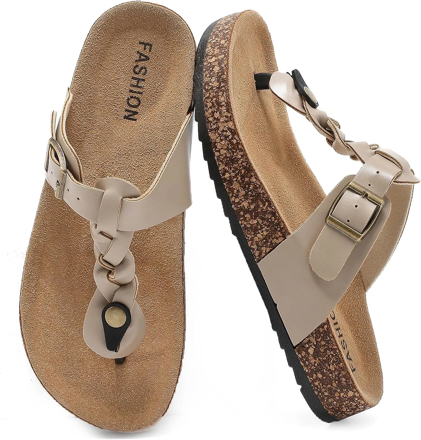 Thong Sandals for Women & Men，Non-slip Flip Flops with Cork Footbed Adjustable Buckle Summer Women Footwear Beach Essentials Slides