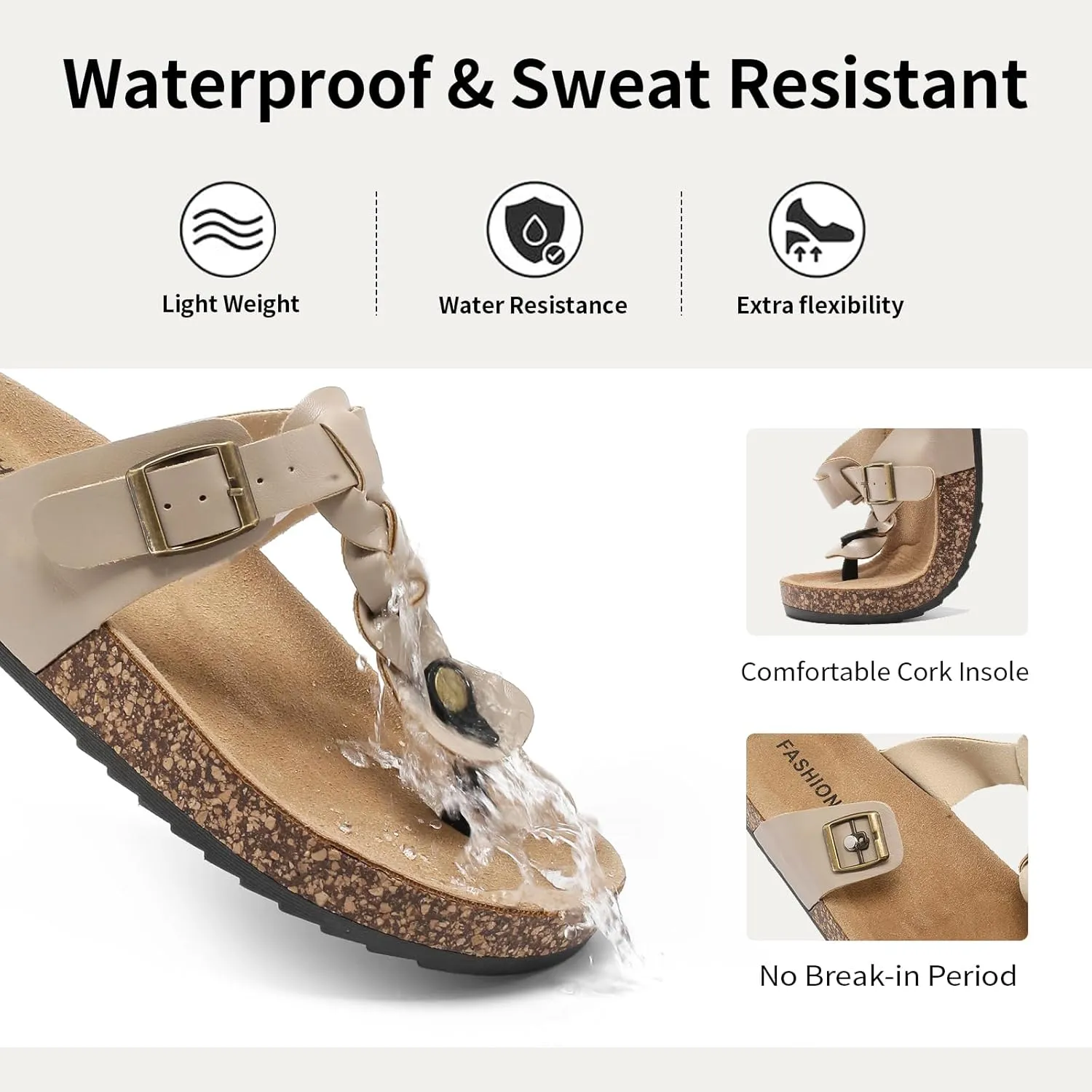 Thong Sandals for Women & Men，Non-slip Flip Flops with Cork Footbed Adjustable Buckle Summer Women Footwear Beach Essentials Slides