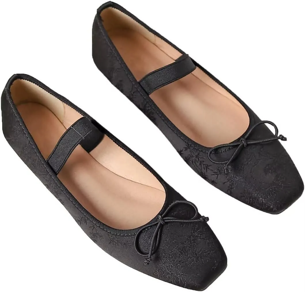 TN TANGNEST Leather Flats for Women Comfortable Square Toe Bowknot Ballet Flats Retro Slip On Mary Jane Flats