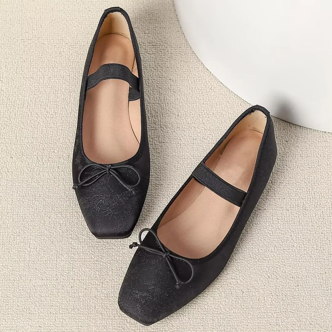 TN TANGNEST Leather Flats for Women Comfortable Square Toe Bowknot Ballet Flats Retro Slip On Mary Jane Flats
