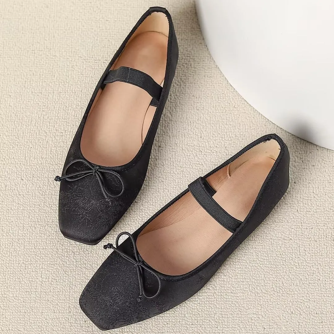 TN TANGNEST Leather Flats for Women Comfortable Square Toe Bowknot Ballet Flats Retro Slip On Mary Jane Flats