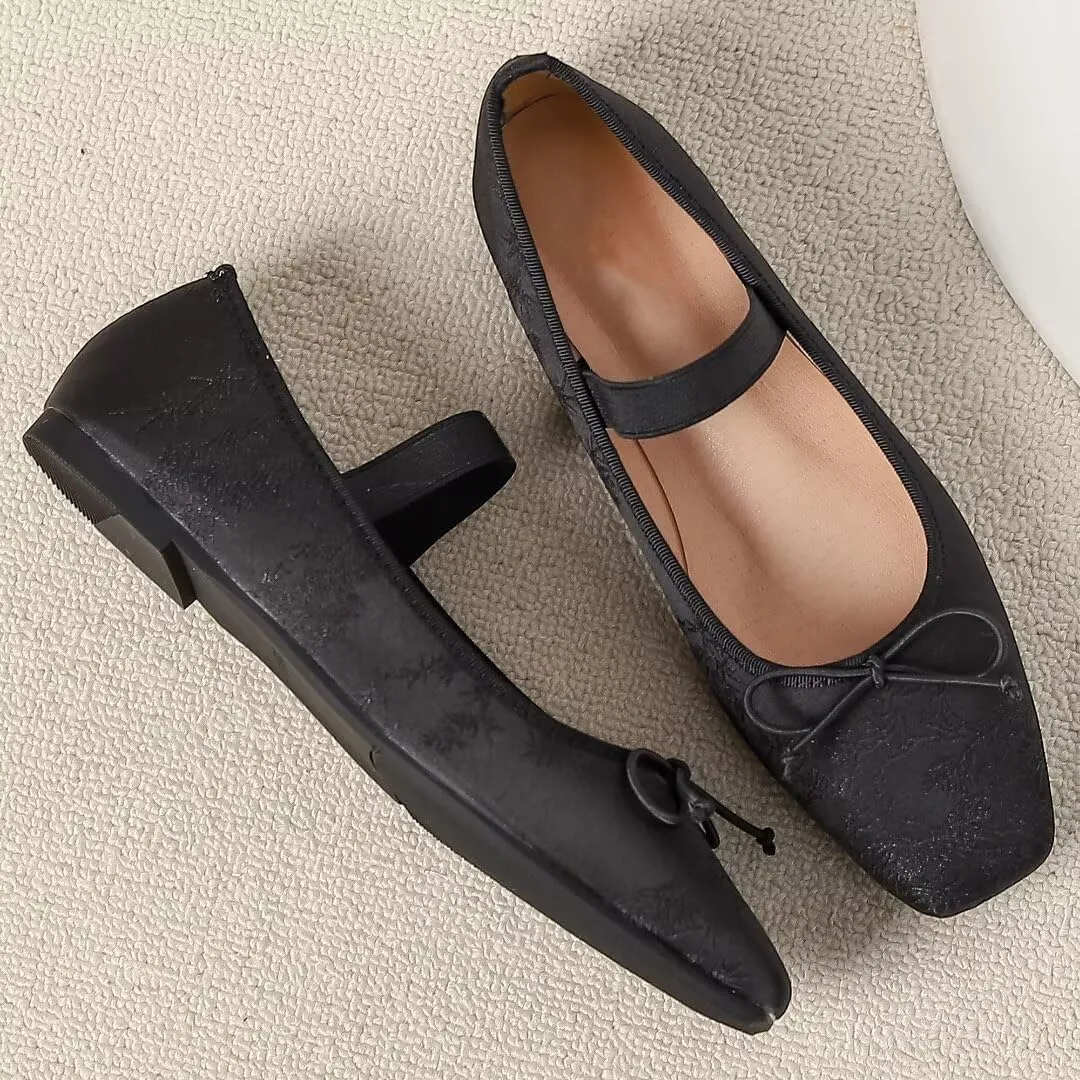 TN TANGNEST Leather Flats for Women Comfortable Square Toe Bowknot Ballet Flats Retro Slip On Mary Jane Flats
