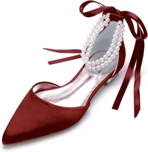 TNXZ Wedding Shoes Flats Women Pointed Toe Satin Pearls Ribbon Tie Bridal Dress Ballerina Sandals