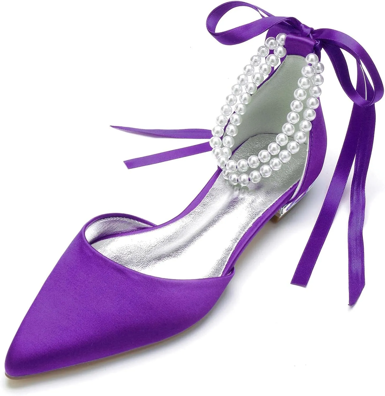 TNXZ Wedding Shoes Flats Women Pointed Toe Satin Pearls Ribbon Tie Bridal Dress Ballerina Sandals