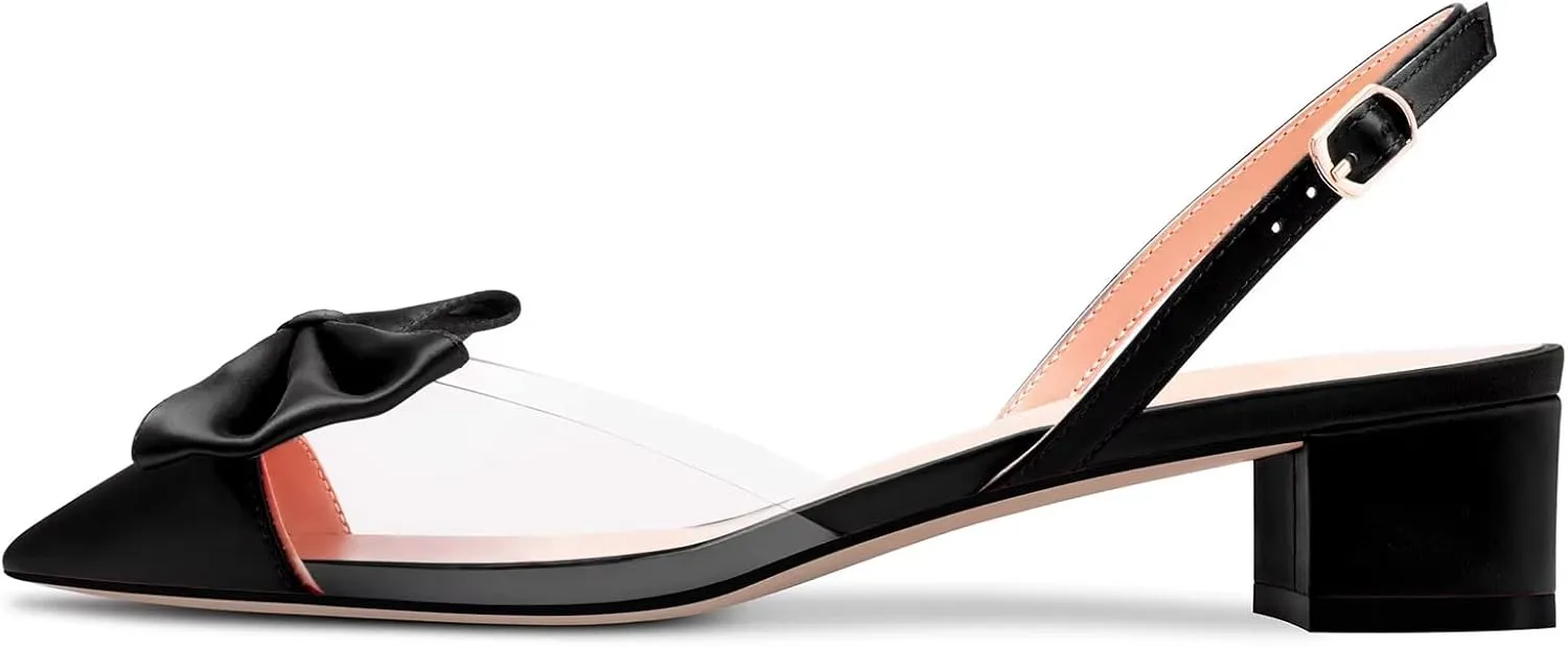 TNYNFBEB Women Chunky Block Mid Heel Pointed Toe Sandals Ankle Strap Slingback Buckle Bow-knot Party Cute 2.0 Inches Heels