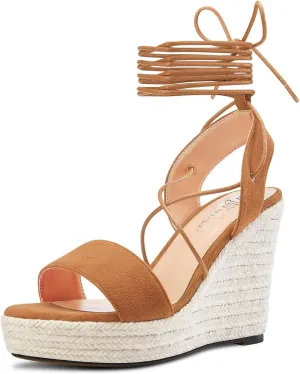 TNYNFBEB Womens High Wedge Heel Peep Open Toe Sandals Cross-Strap Lace-up Prom Basic Classic 3.9 Inches Heels