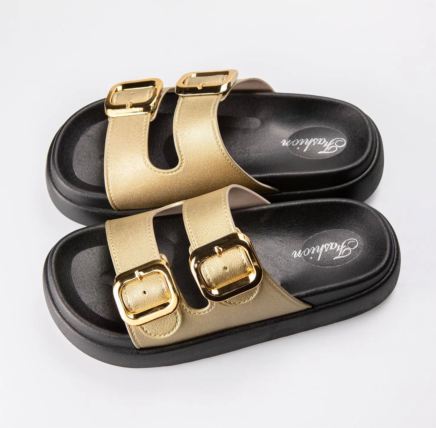 TOCONFFON Women's Fashion Slides Double Buckle Adjustable Platform Sandals Indoor Outdoor Slippers
