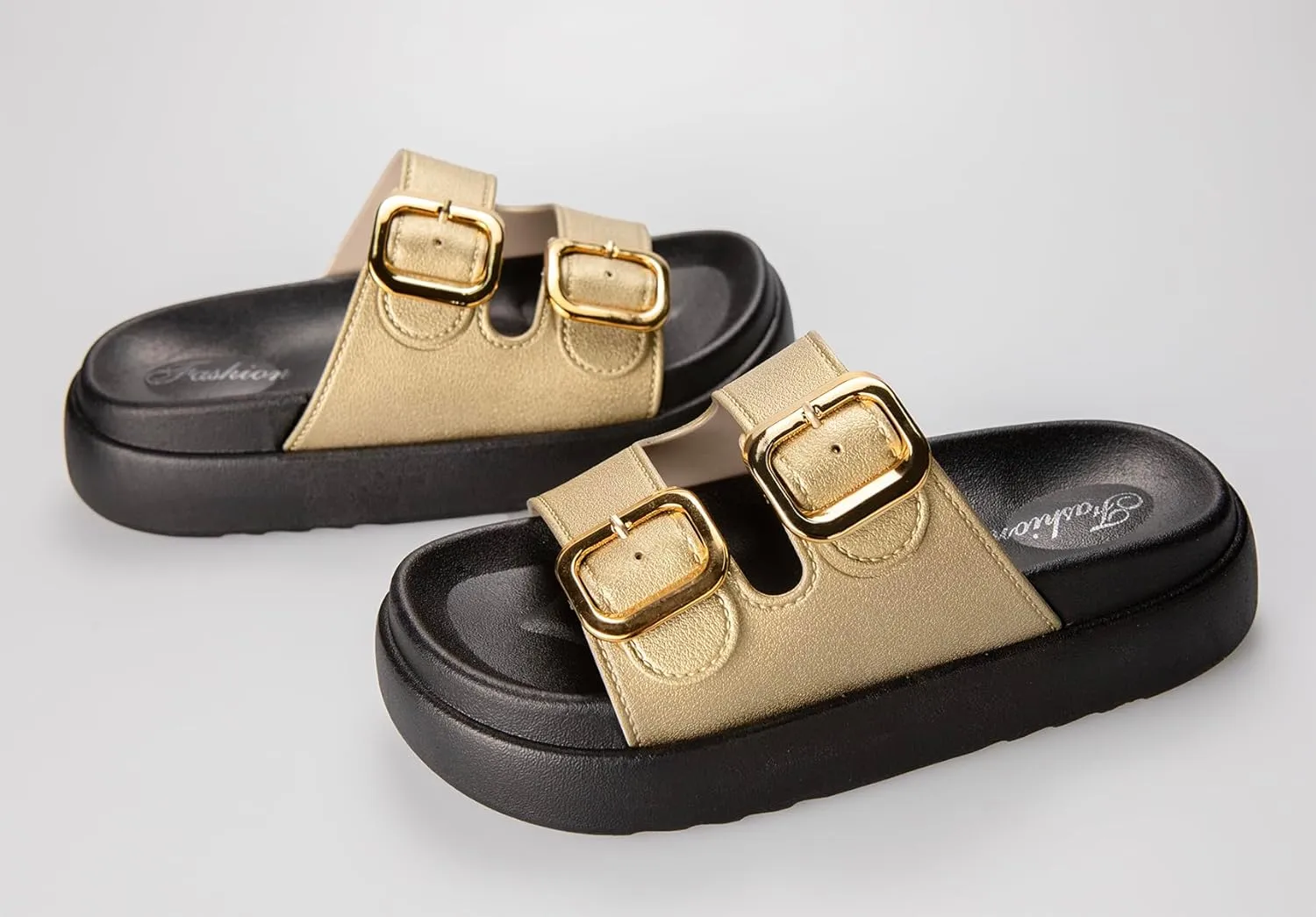TOCONFFON Women's Fashion Slides Double Buckle Adjustable Platform Sandals Indoor Outdoor Slippers