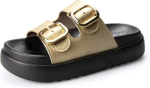 TOCONFFON Women's Fashion Slides Double Buckle Adjustable Platform Sandals Indoor Outdoor Slippers
