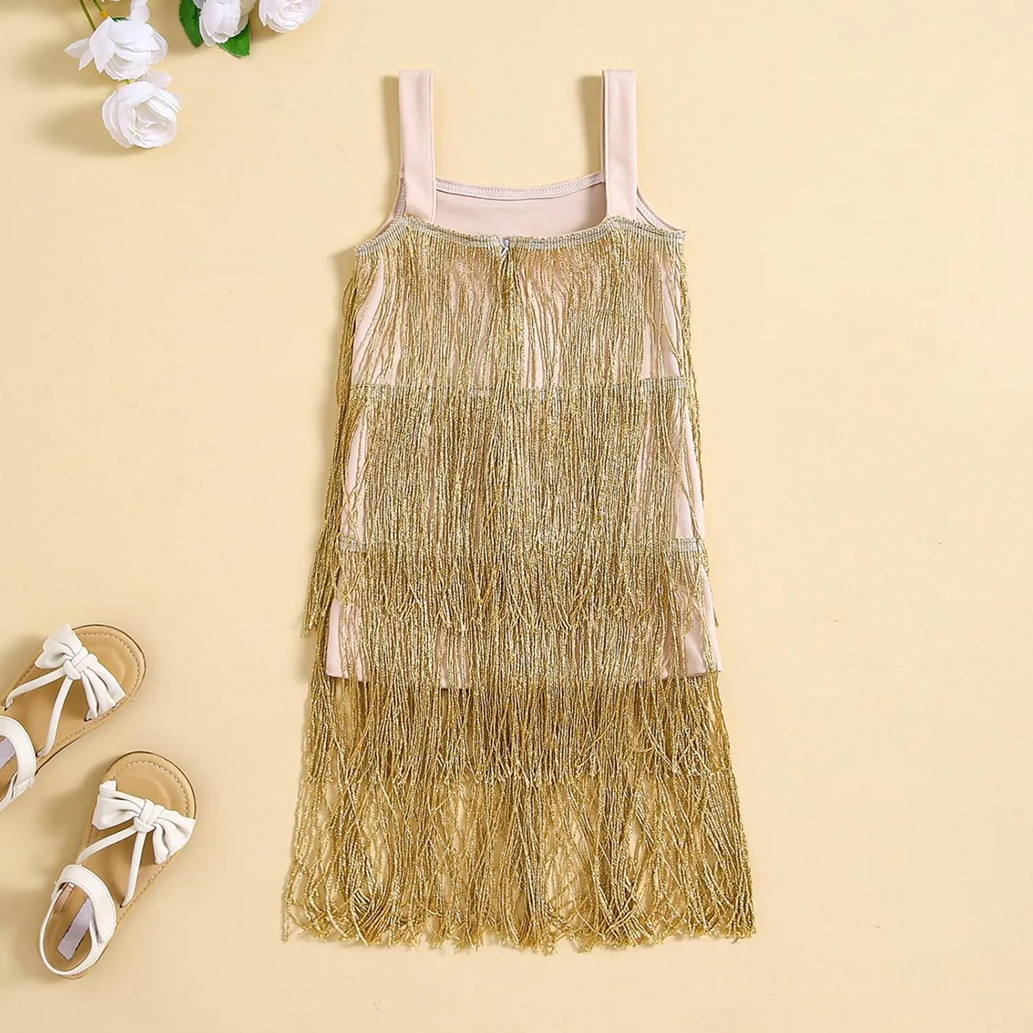 Toddler Girl Tassel Dress Summer Sleeveless Square Neck Zip Back Dance Solid Color Dress Girls Dress Bright