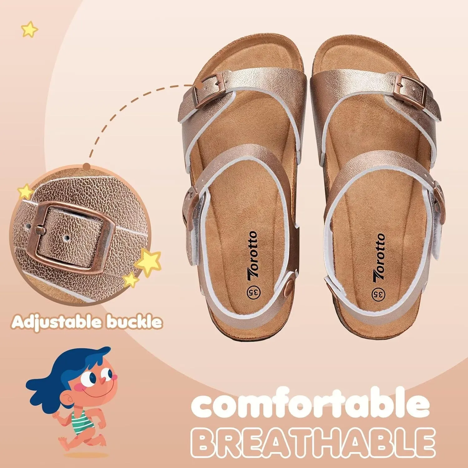 Torotto Toddler Kids Sandals Boys Girls Cork Footbed Sandals with Adjustable Buckle Casual Slides Open Toes Flat