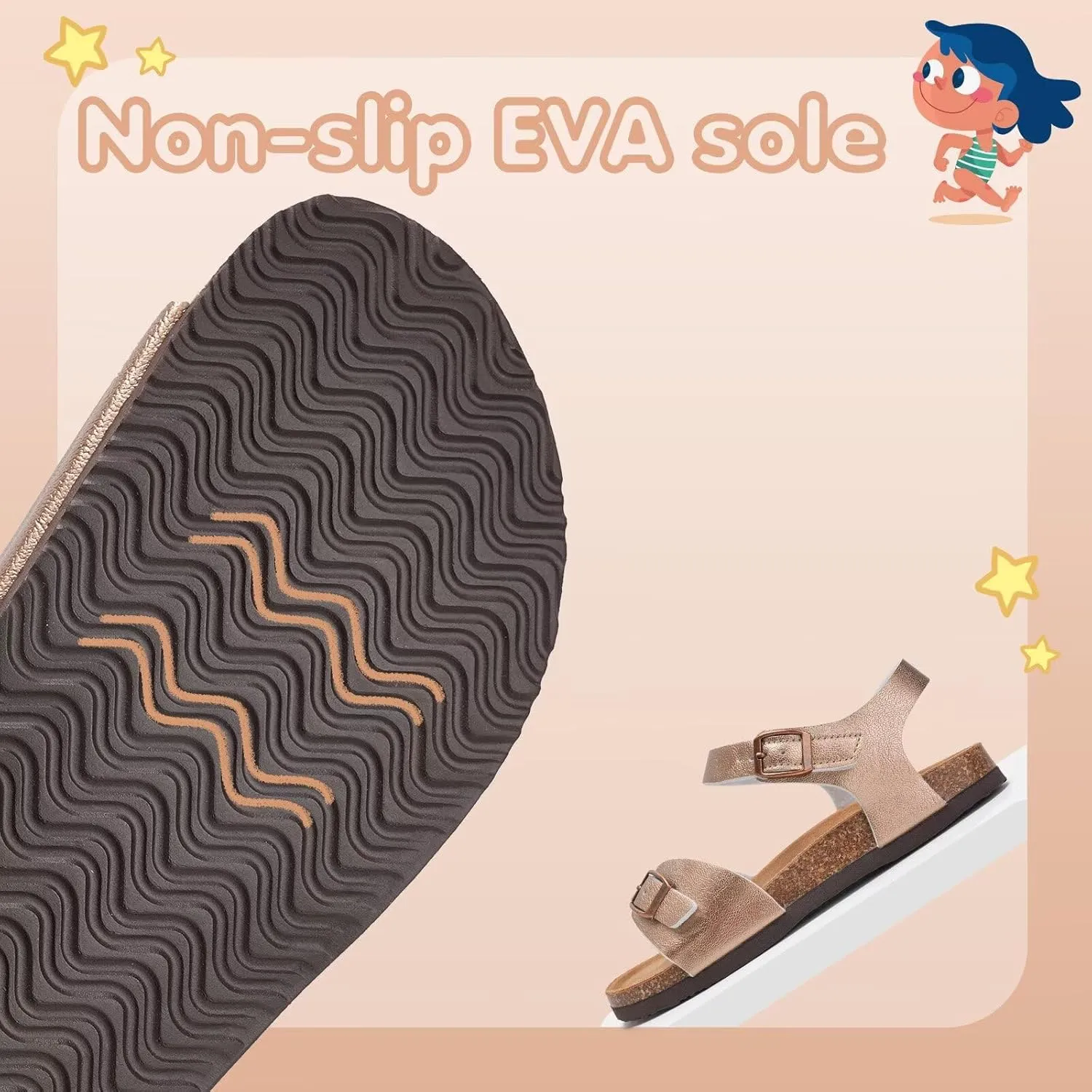 Torotto Toddler Kids Sandals Boys Girls Cork Footbed Sandals with Adjustable Buckle Casual Slides Open Toes Flat