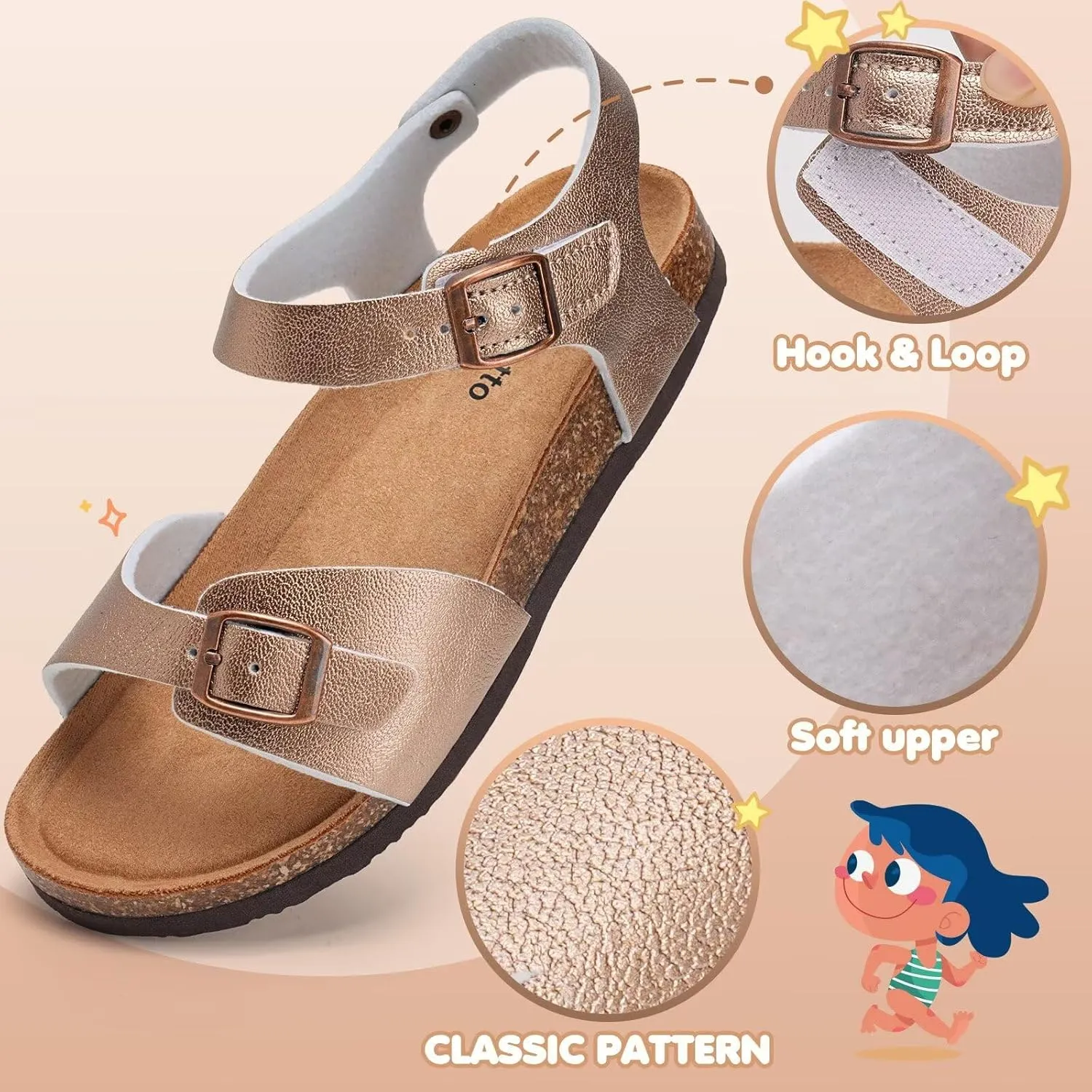 Torotto Toddler Kids Sandals Boys Girls Cork Footbed Sandals with Adjustable Buckle Casual Slides Open Toes Flat