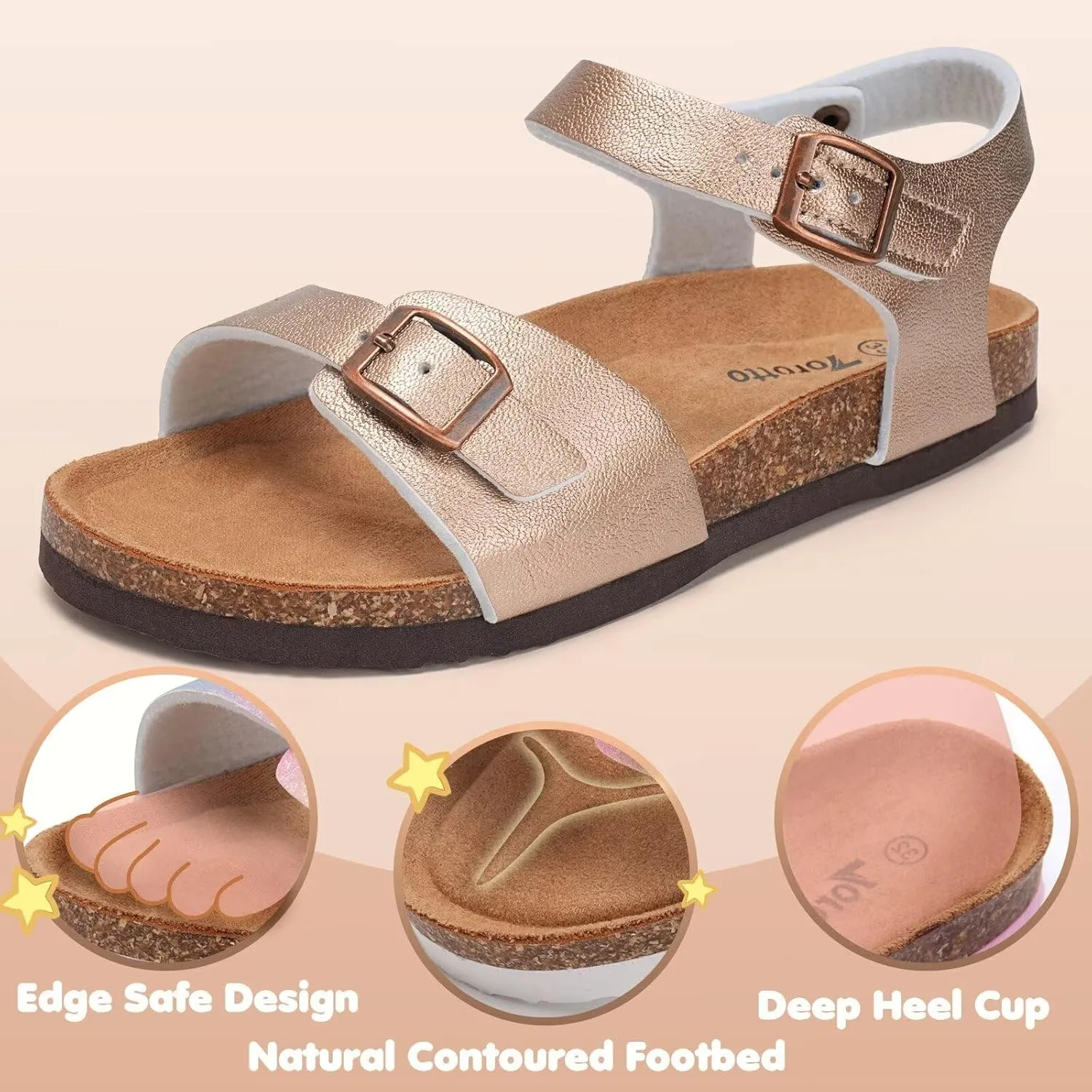 Torotto Toddler Kids Sandals Boys Girls Cork Footbed Sandals with Adjustable Buckle Casual Slides Open Toes Flat