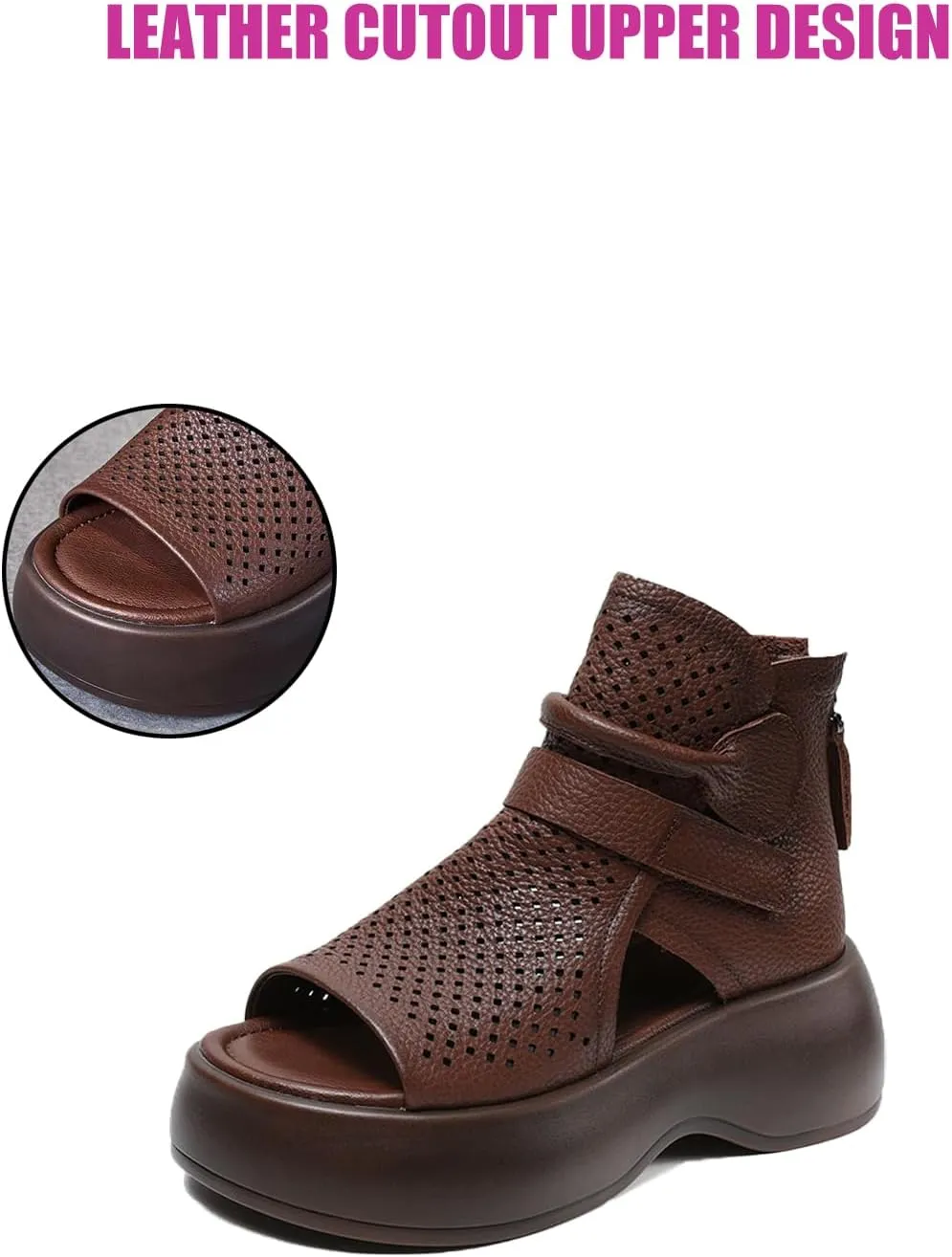 Traveltopp Women's Fashion Retro Open Toe Hollow Platform High Top Sandals Back Zipper Platform Gladiator Sandals Summer Outdoor Casual Roman Sandals