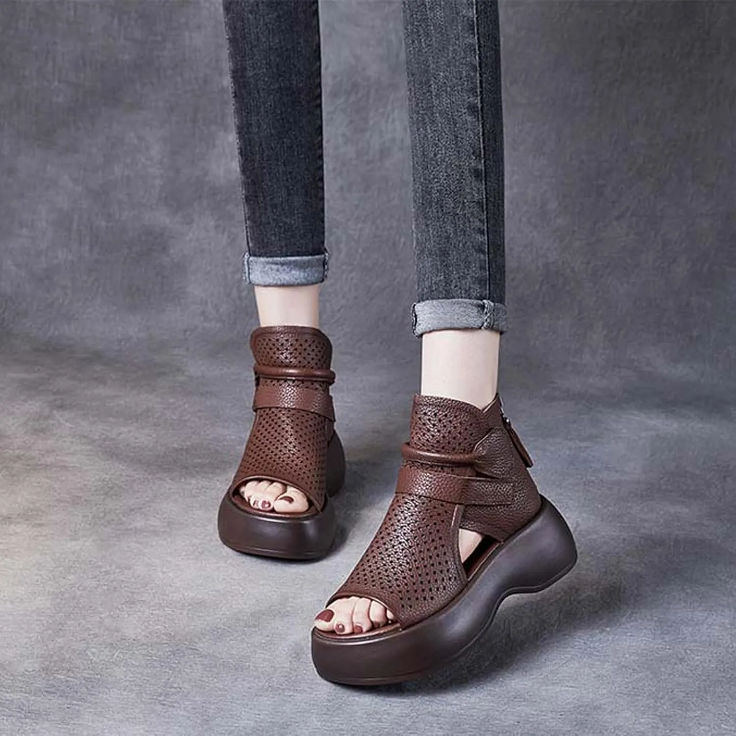 Traveltopp Women's Fashion Retro Open Toe Hollow Platform High Top Sandals Back Zipper Platform Gladiator Sandals Summer Outdoor Casual Roman Sandals