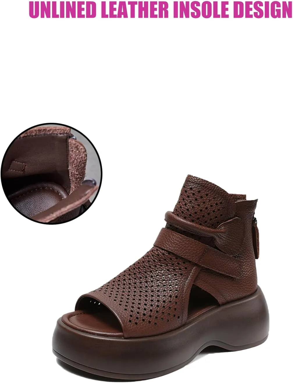 Traveltopp Women's Fashion Retro Open Toe Hollow Platform High Top Sandals Back Zipper Platform Gladiator Sandals Summer Outdoor Casual Roman Sandals
