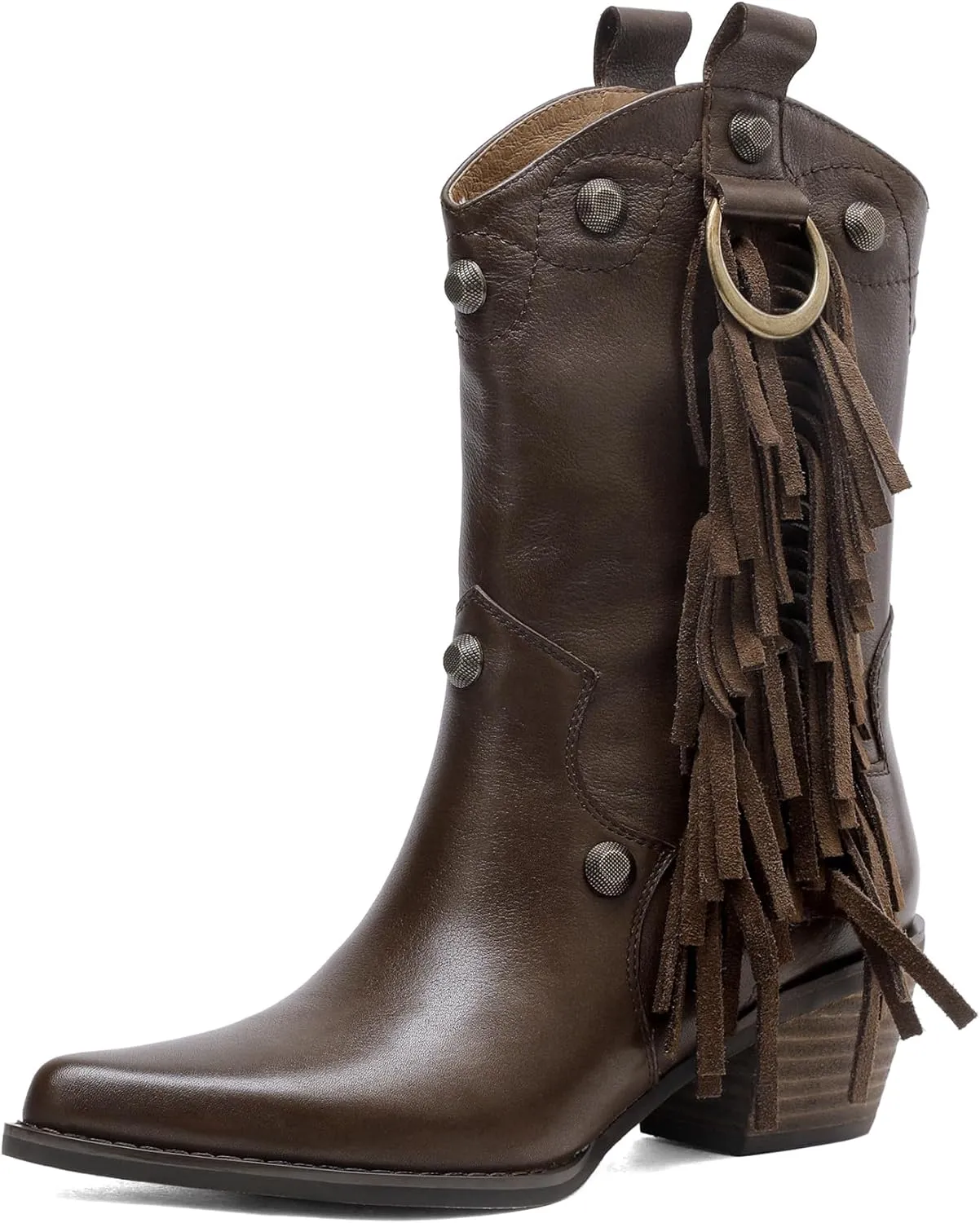 Tsrenlmln Ankle Boots for Women Pointed Toe Boots Chunky Heel Rivet Western Cowboy Boots With Womens Cowgirl Booties Slip-On leather Short Boots
