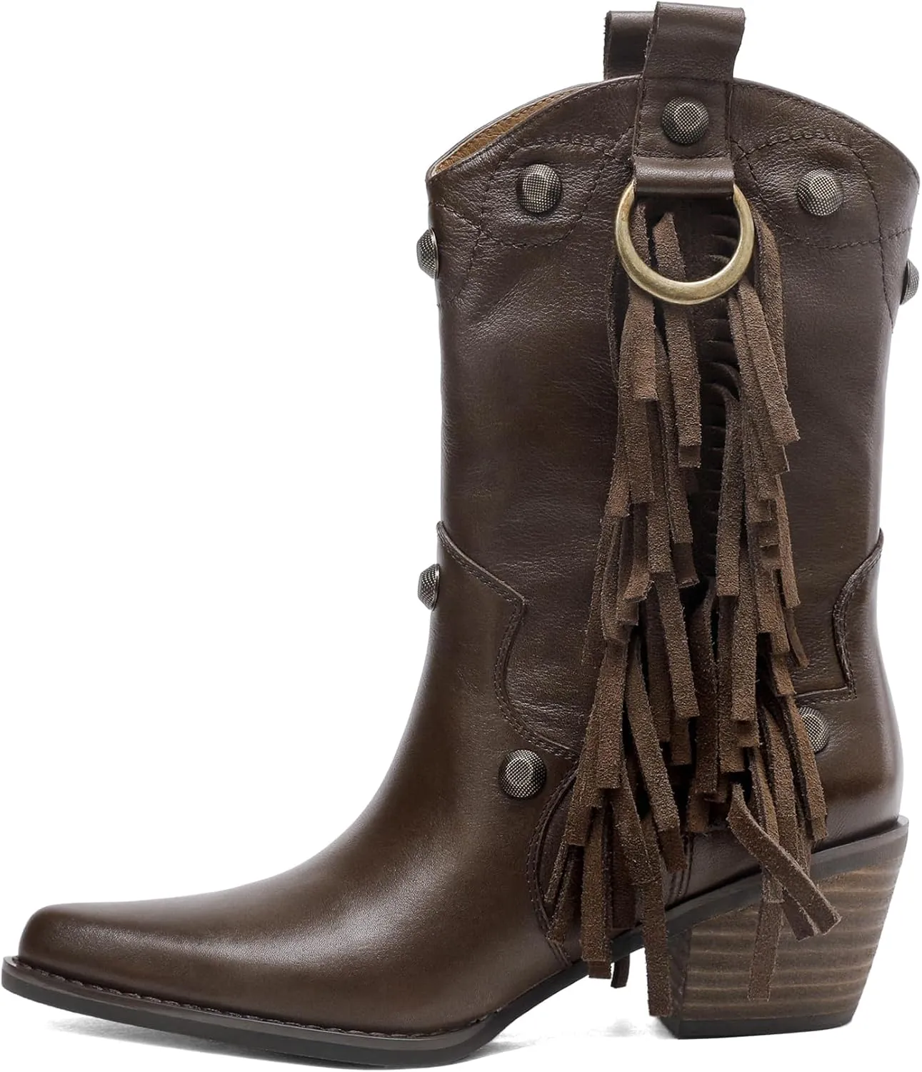 Tsrenlmln Ankle Boots for Women Pointed Toe Boots Chunky Heel Rivet Western Cowboy Boots With Womens Cowgirl Booties Slip-On leather Short Boots