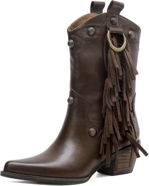 Tsrenlmln Ankle Boots for Women Pointed Toe Boots Chunky Heel Rivet Western Cowboy Boots With Womens Cowgirl Booties Slip-On leather Short Boots