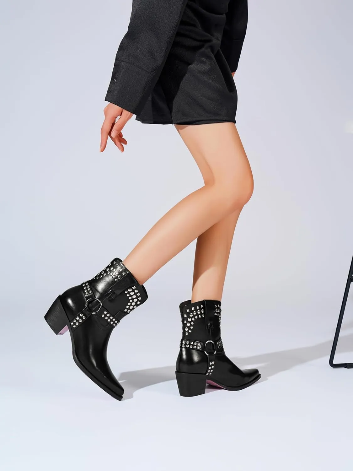 Tsrenlmln Ankle Boots for Women Pointed Toe Heel Rivet Western Cowboy Boots With Tassel Womens Cowgirl Booties Slip-On Short Boots