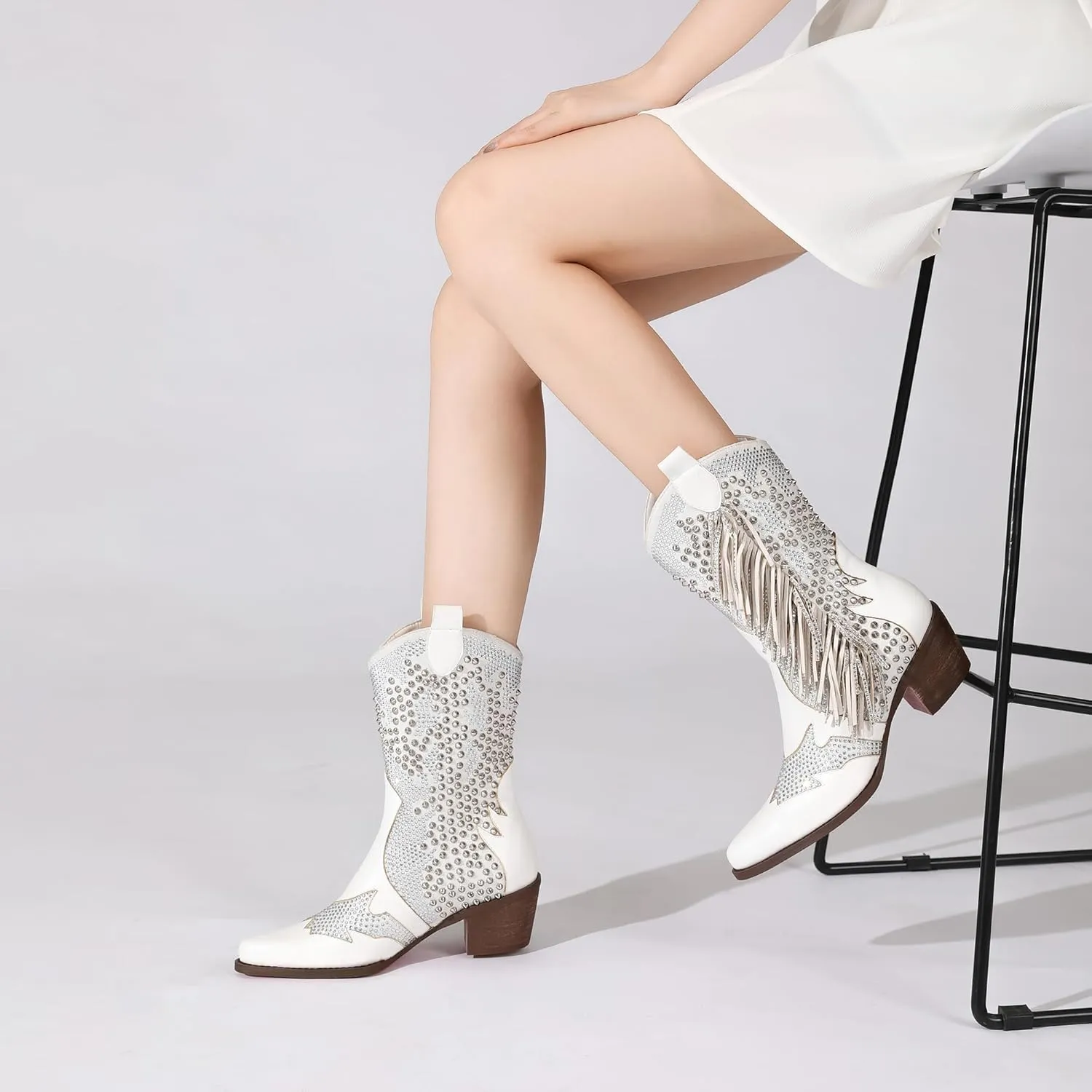 Tsrenlmln Ankle Boots for Women Pointed Toe Rhinestone Boots Chunky Heel Rivet Western Cowboy Boots With Tassel Womens Cowgirl Booties Slip-On Short Boots
