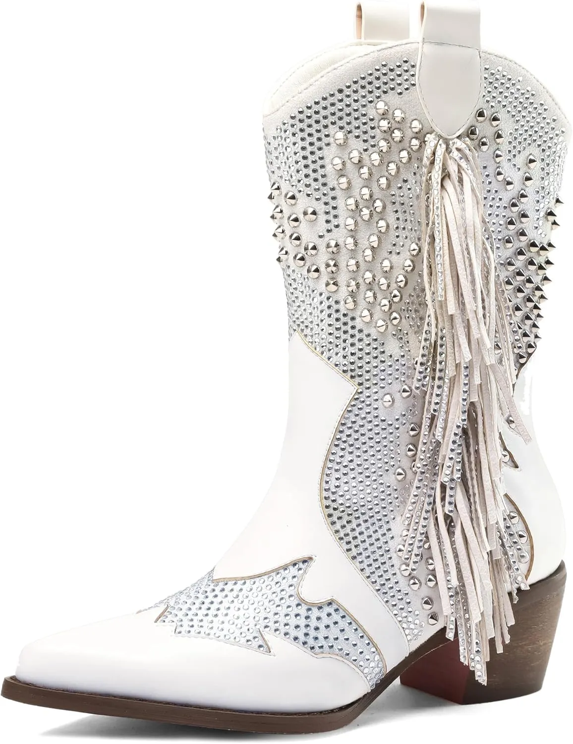 Tsrenlmln Ankle Boots for Women Pointed Toe Rhinestone Boots Chunky Heel Rivet Western Cowboy Boots With Tassel Womens Cowgirl Booties Slip-On Short Boots