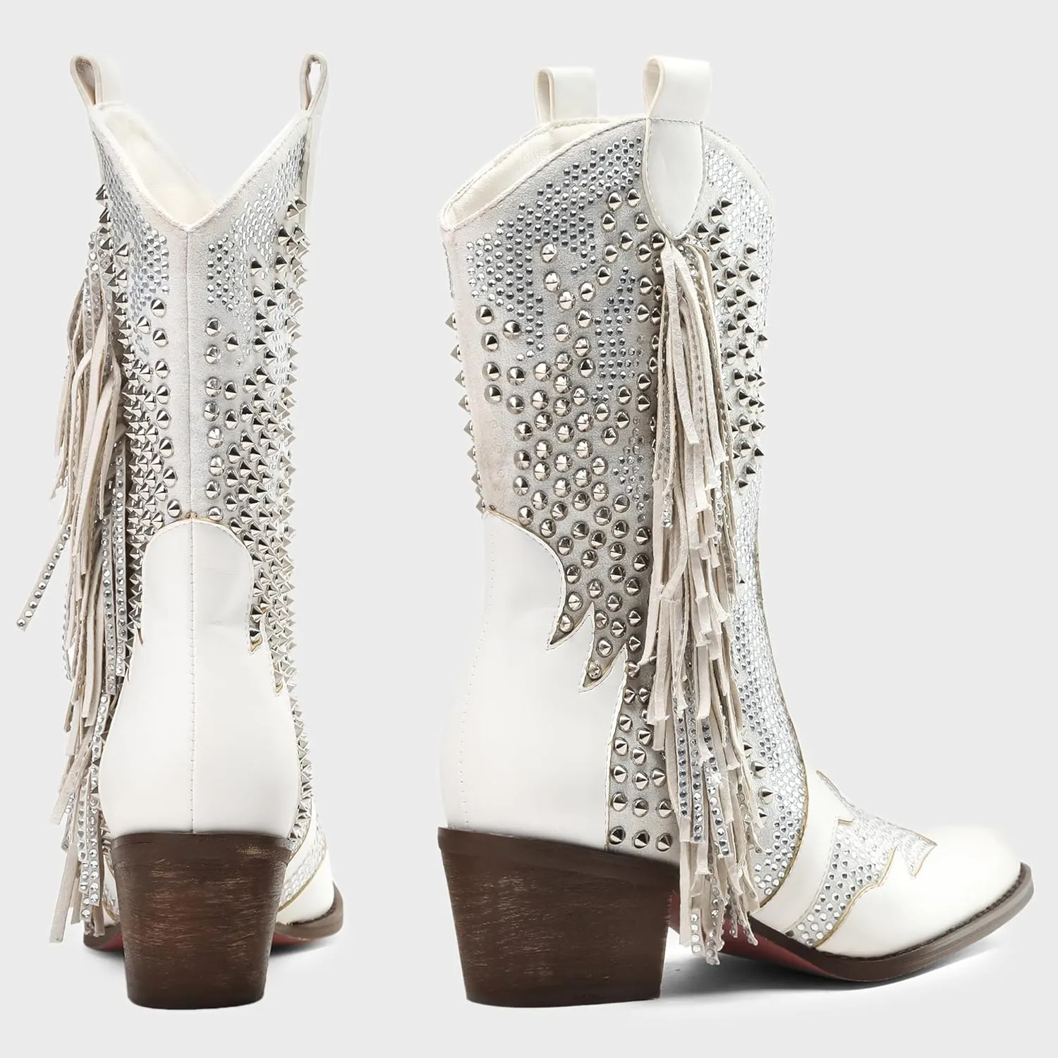 Tsrenlmln Ankle Boots for Women Pointed Toe Rhinestone Boots Chunky Heel Rivet Western Cowboy Boots With Tassel Womens Cowgirl Booties Slip-On Short Boots
