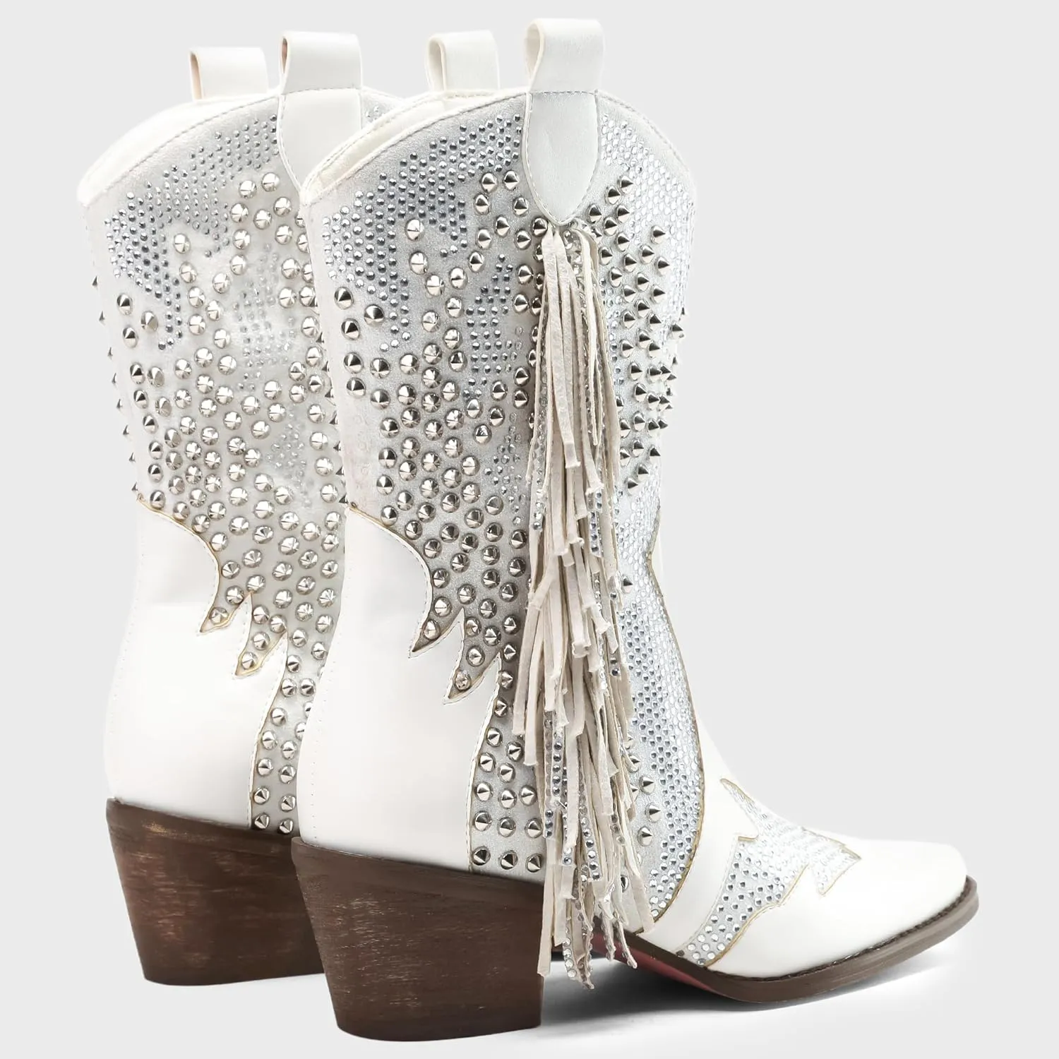 Tsrenlmln Ankle Boots for Women Pointed Toe Rhinestone Boots Chunky Heel Rivet Western Cowboy Boots With Tassel Womens Cowgirl Booties Slip-On Short Boots